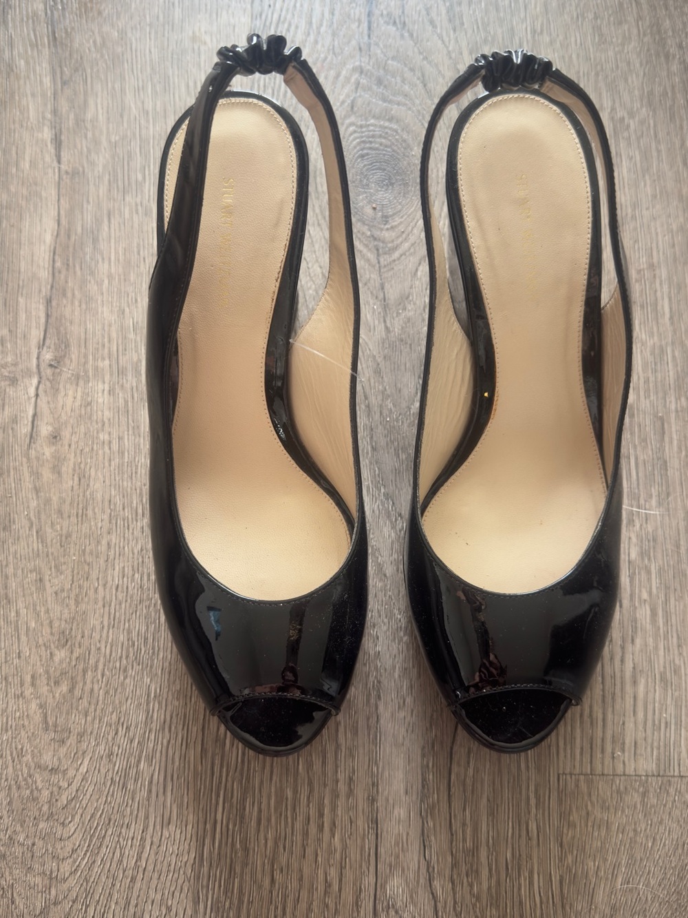 Stuart Weitzman Black Patent Peep-Toe Slingback Wedges